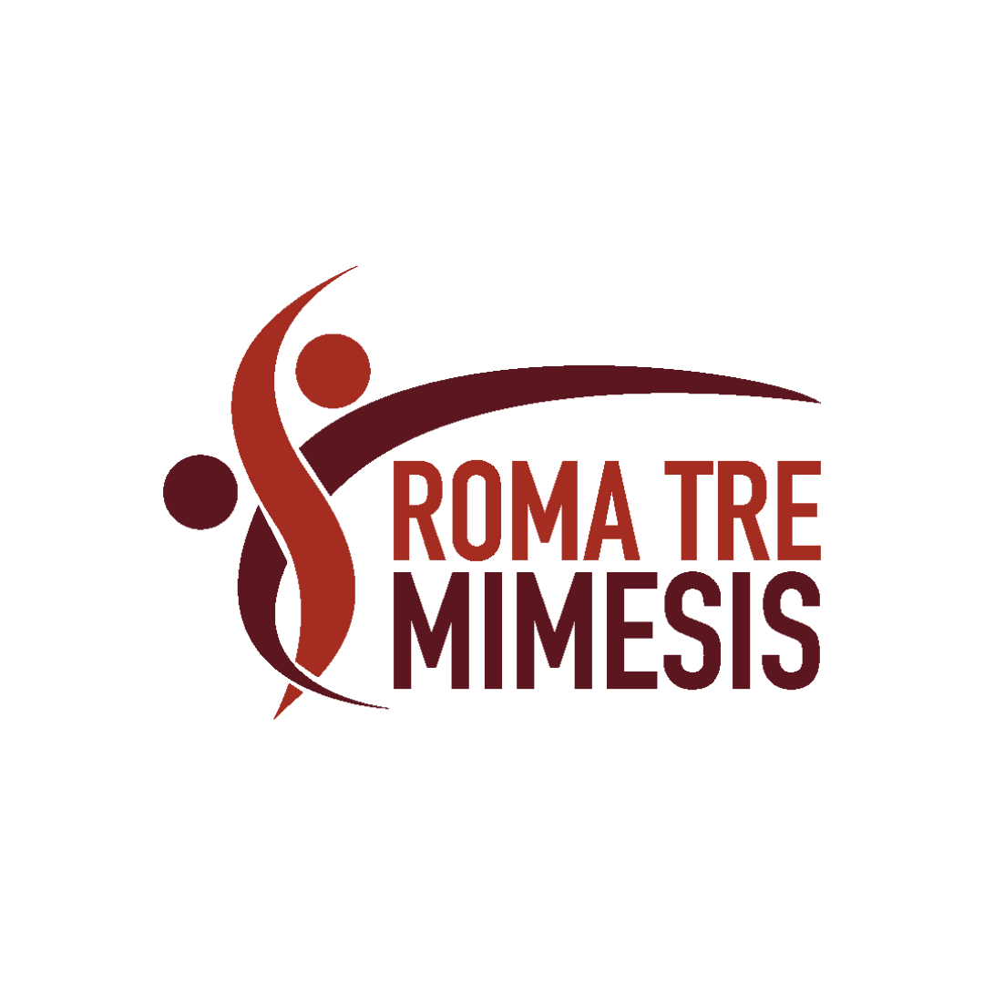 Logo della Compagnia di Arti sceniche del Dipartimento di Scienze della Formazione Roma Tre Mimesis, con due linee spesse stilizzate che assomigliano a due persone in movimento, una di colore rosso e una bordeaux, che si intersecano, e la scritta Roma Tre Mimesis